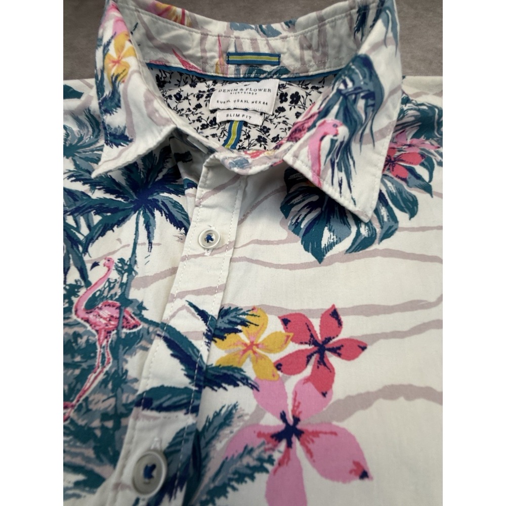 Denim & Flower Men's XL Shirt Slim Fit Flamingo Tropical Hawaiian Button Up - Picture 7 of 10